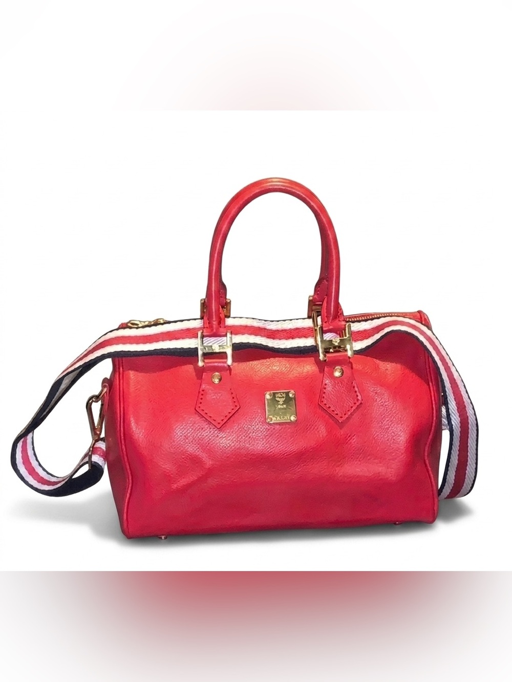 Vintage Numbered Limited Ed Rare MCM Red Leather Boston Satchel and Shoulder Bag